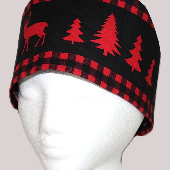 Mens Tie Back Scrub Cap Antlers & Evergreens - Handmade - Picture 3 of 9
